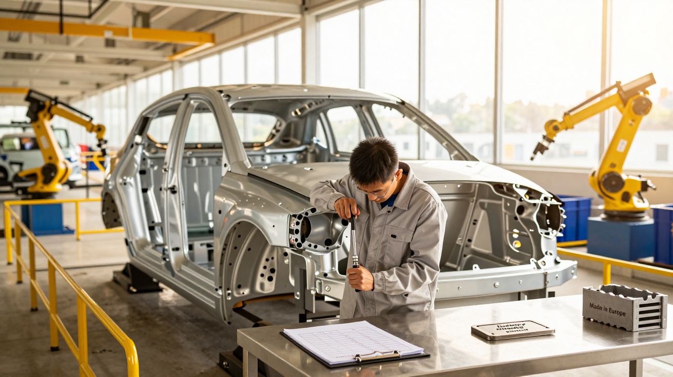 Funcionário inspecciona carroçaria de automóvel em fábrica com robôs.