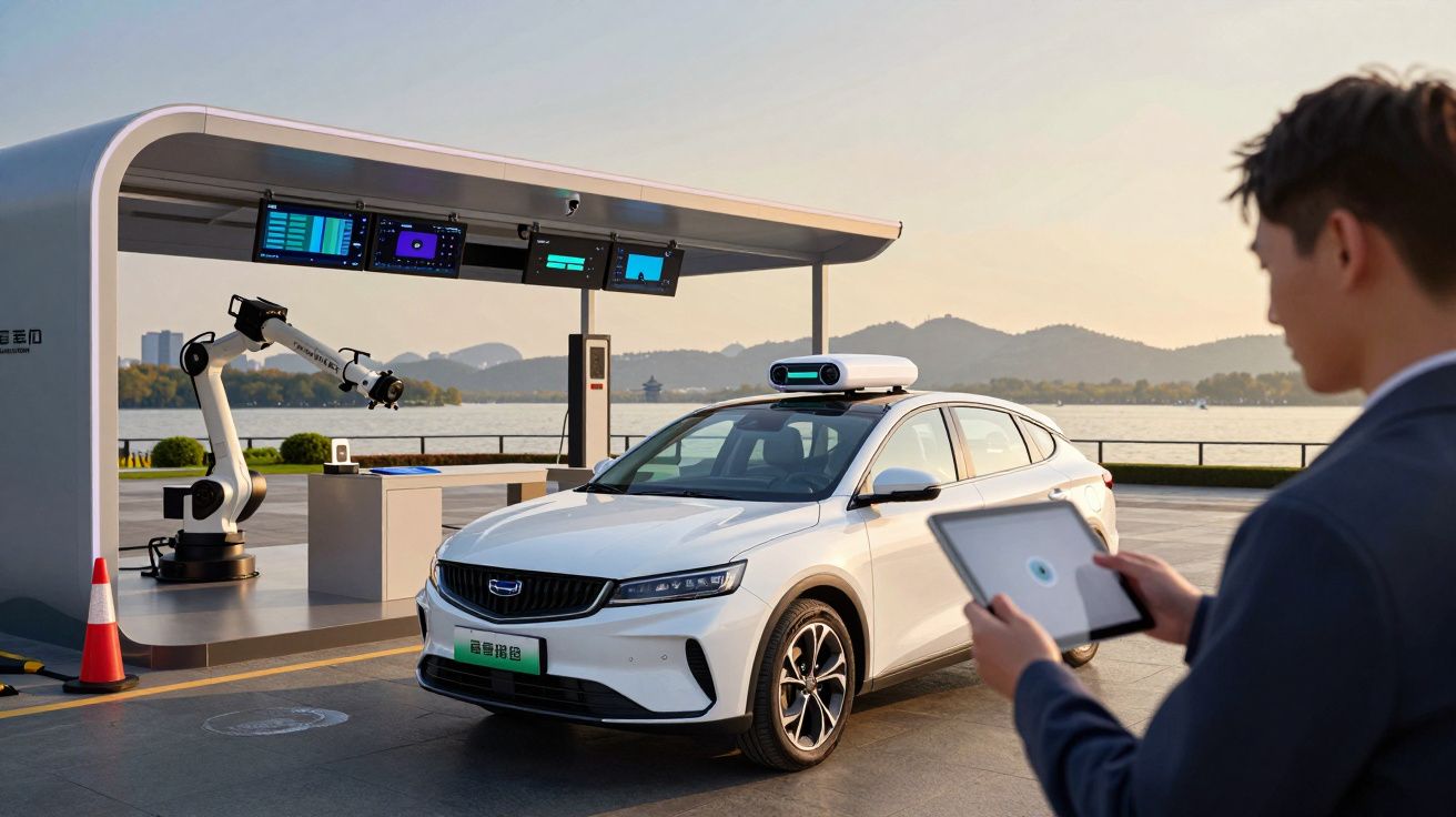 Homem opera um carro autónomo branco com um tablet, perto de um robô e monitores sob uma estrutura moderna ao pôr do sol.