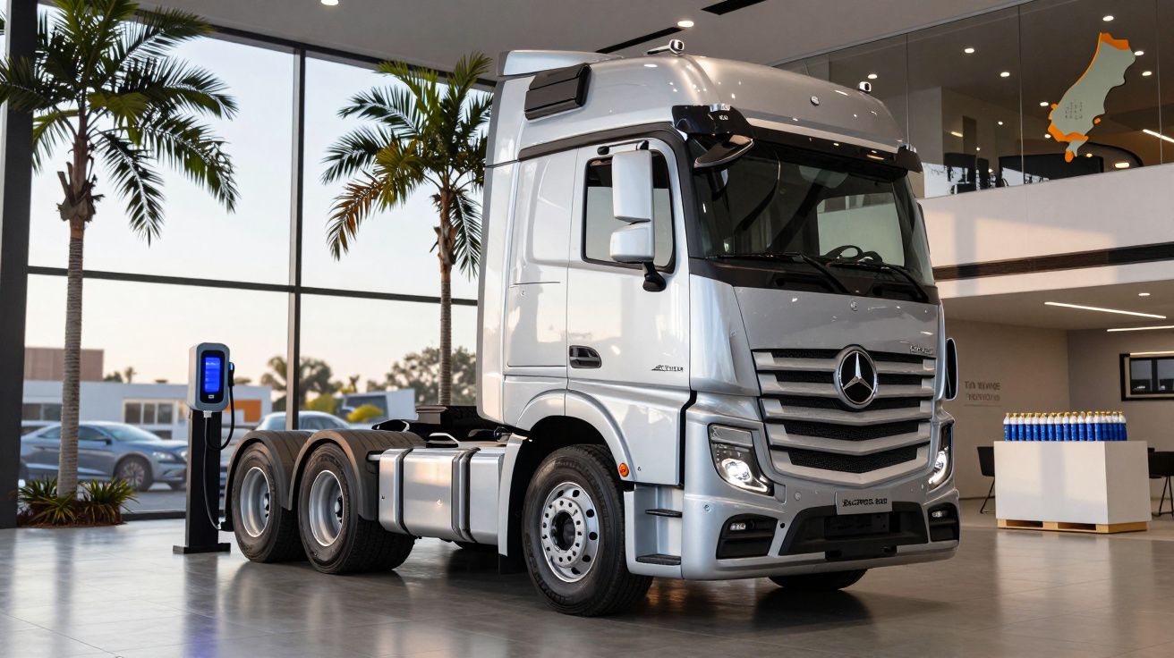 Camião Mercedes-Benz Actros prateado numa concessionária, com palmeiras ao fundo e carregador elétrico à esquerda.