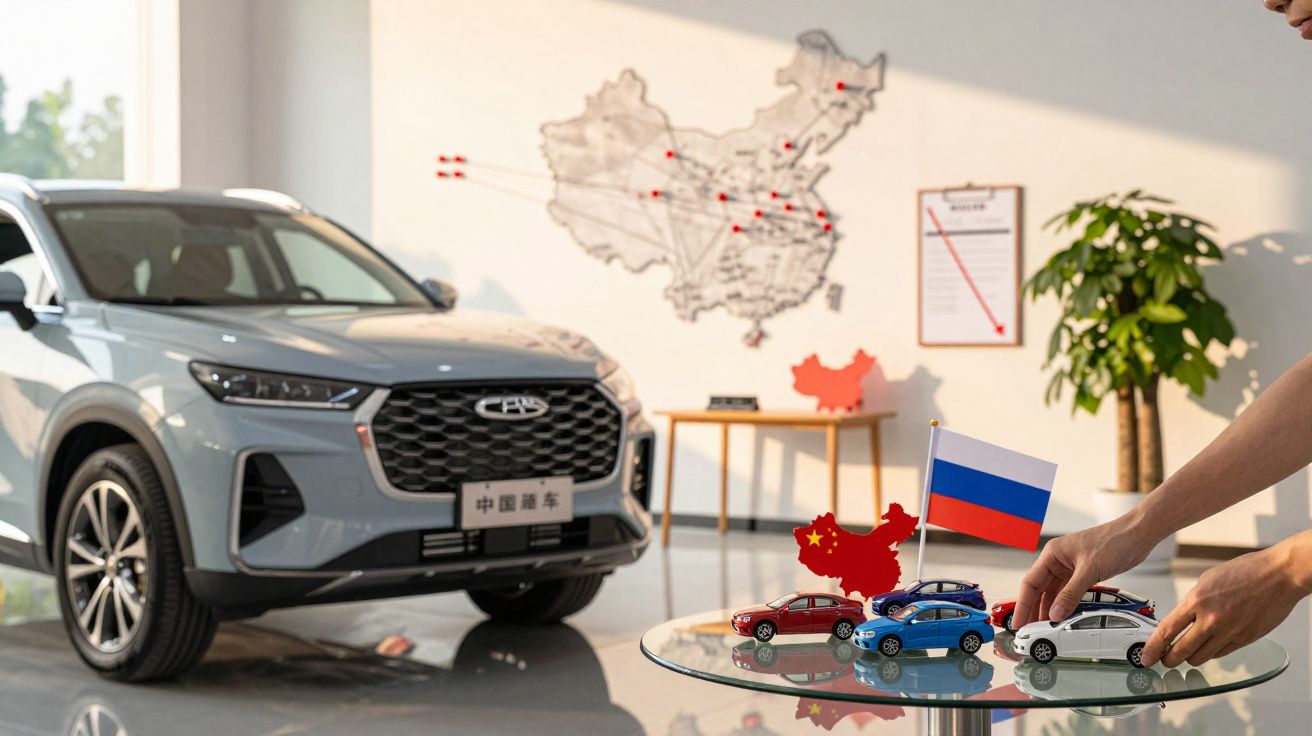 Carro cinzento num showroom, com mapa da China na parede e miniaturas de carros com bandeiras da China e Rússia numa mesa.