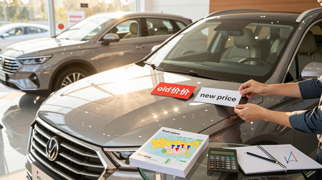 Loja de automóveis com carro cinza, etiquetas de preço, calculadora, caderno e mapas sobre o capô.