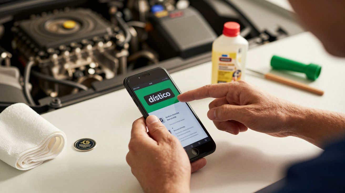 Mecânico a utilizar smartphone com app ligada a carro, produto de manutenção ao lado.