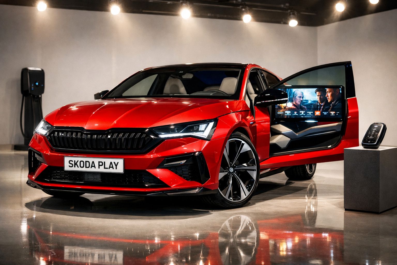 SUV Skoda verde em exposição numa sala moderna com iluminação destacando o design elegante do carro.