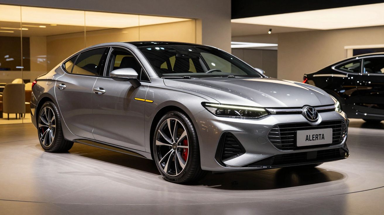 Carro sedan cinza metálico em exibição num showroom iluminado, design moderno e elegante.