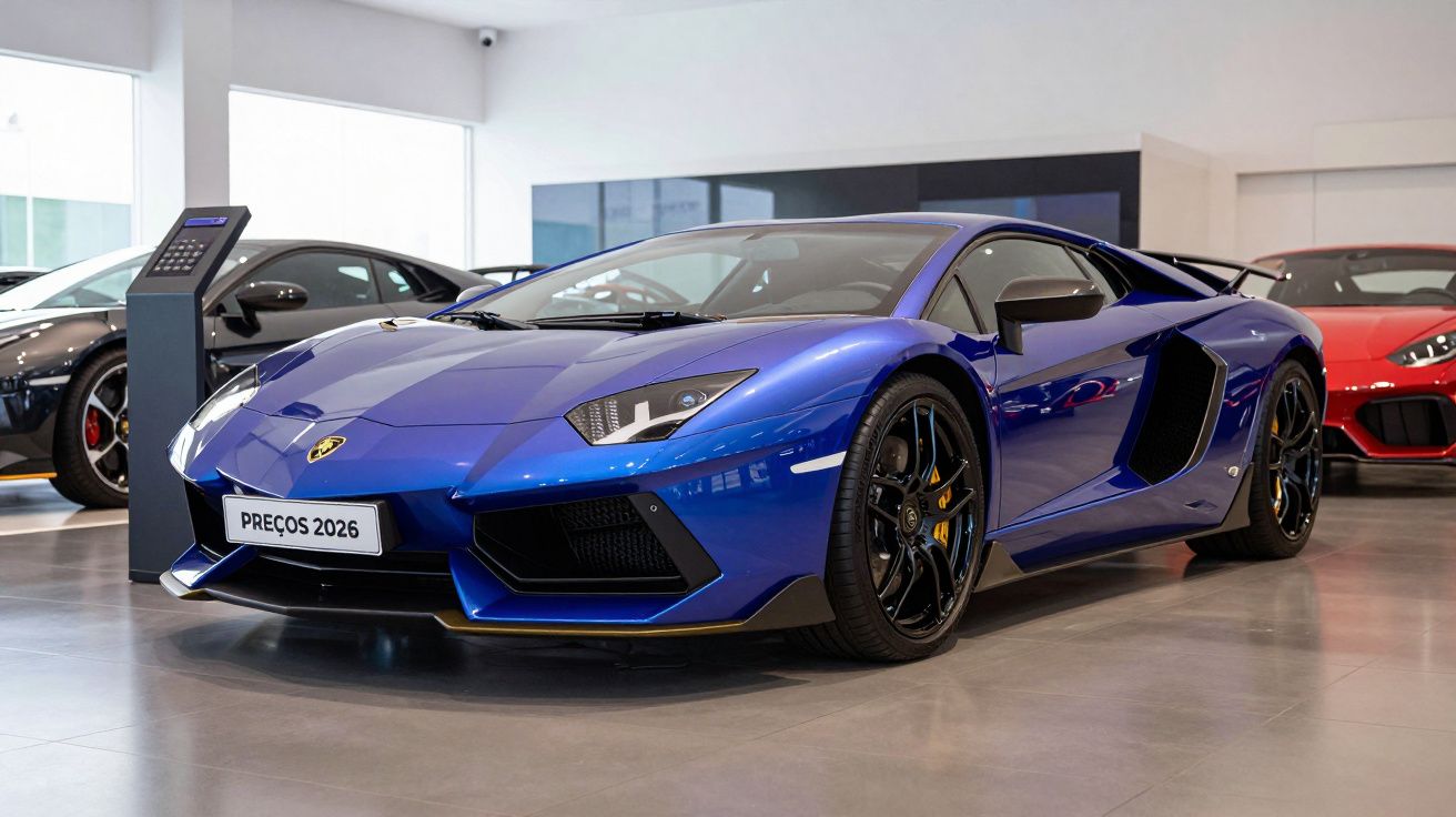 Carro desportivo azul em exposição num showroom moderno, com placa escrita "PREÇOS 2026".