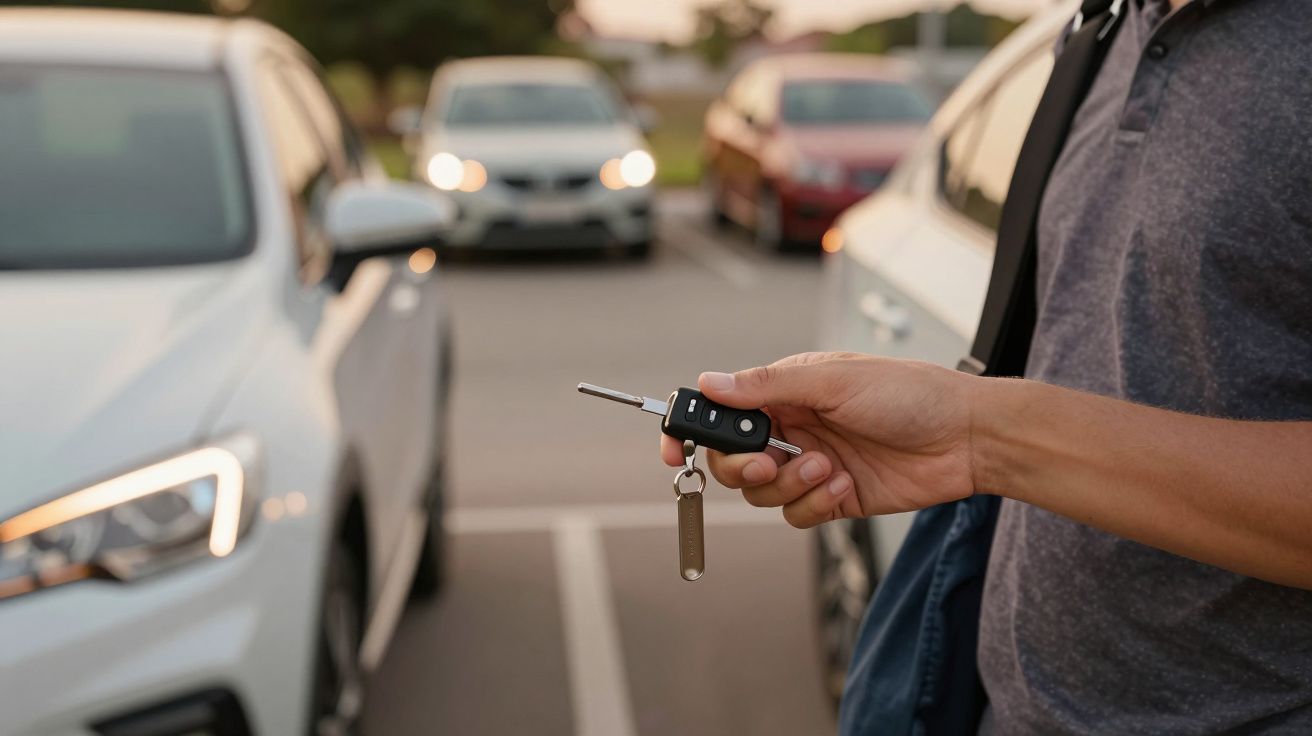 Homem segurando chave de carro numa garagem ao ar livre, com veículos estacionados ao fundo.