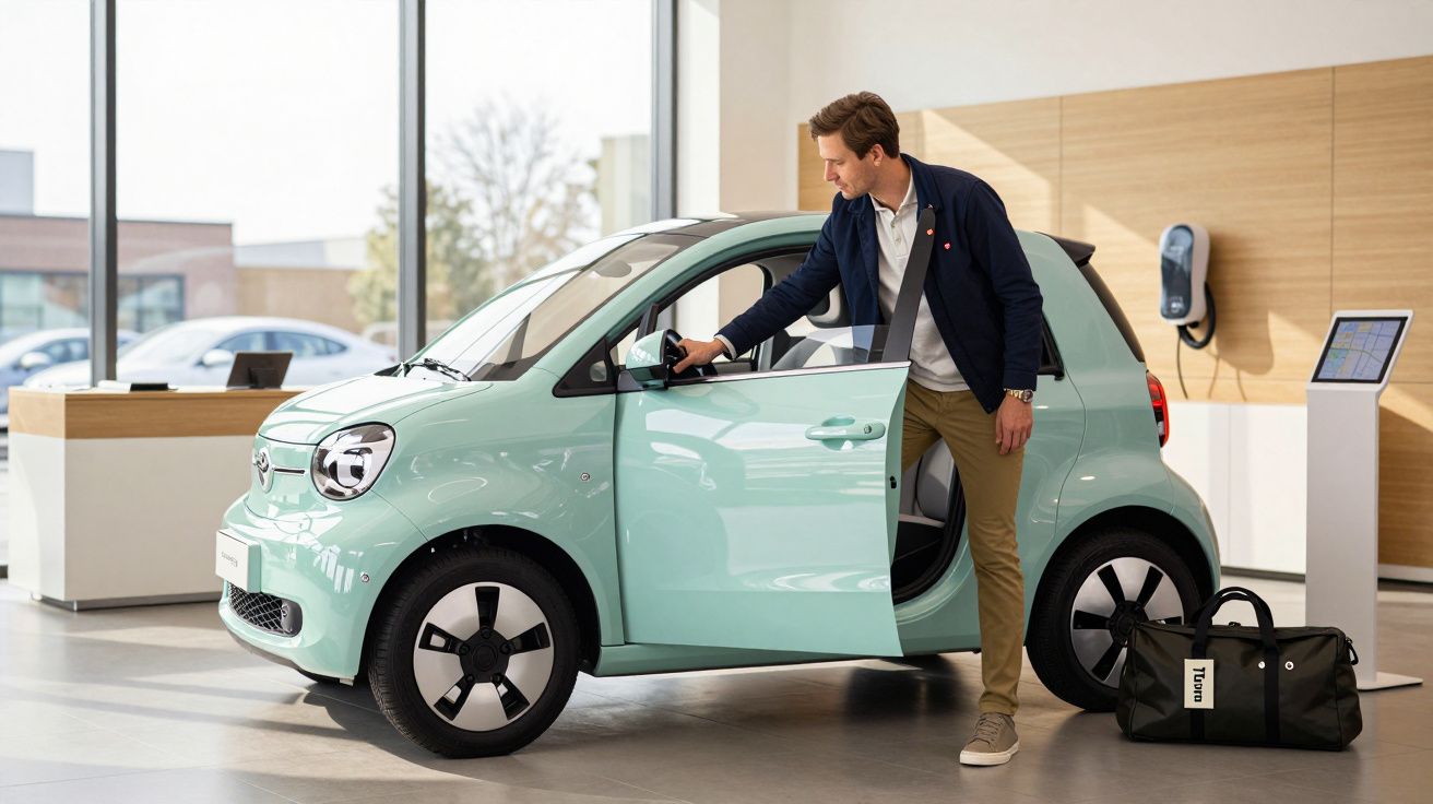 Homem abre a porta de um carro compacto verde-claro num espaço de showroom moderno. Uma mala está no chão ao lado.