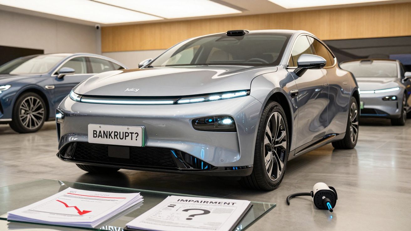 Carro elétrico prateado com matrícula "BANKRUPT?" em exposição, com documentos financeiros na mesa em frente.