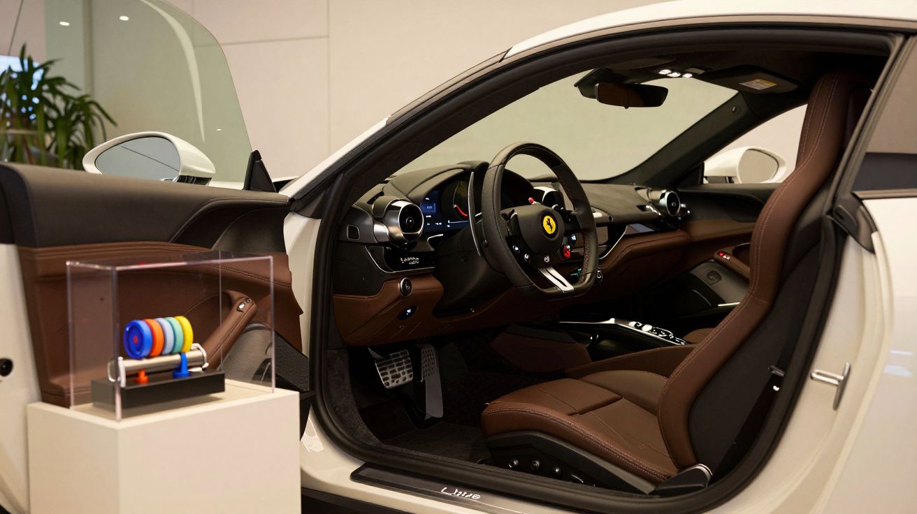 Interior de um carro desportivo de luxo com estofos castanhos e volante destacado, porta aberta.