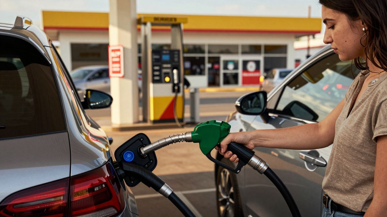 Mulher a abastecer carro numa estação de serviço, segurando uma mangueira com bico verde.