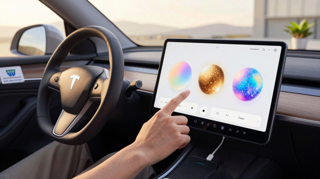 Interior de carro com ecrã tátil, mostrando opções de cores. Mão toca no ecrã. Volante com logotipo visível.