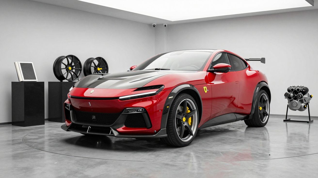 Carro desportivo vermelho com detalhes pretos em garagem, ao lado de rodas sobressalentes e motor em exibição.