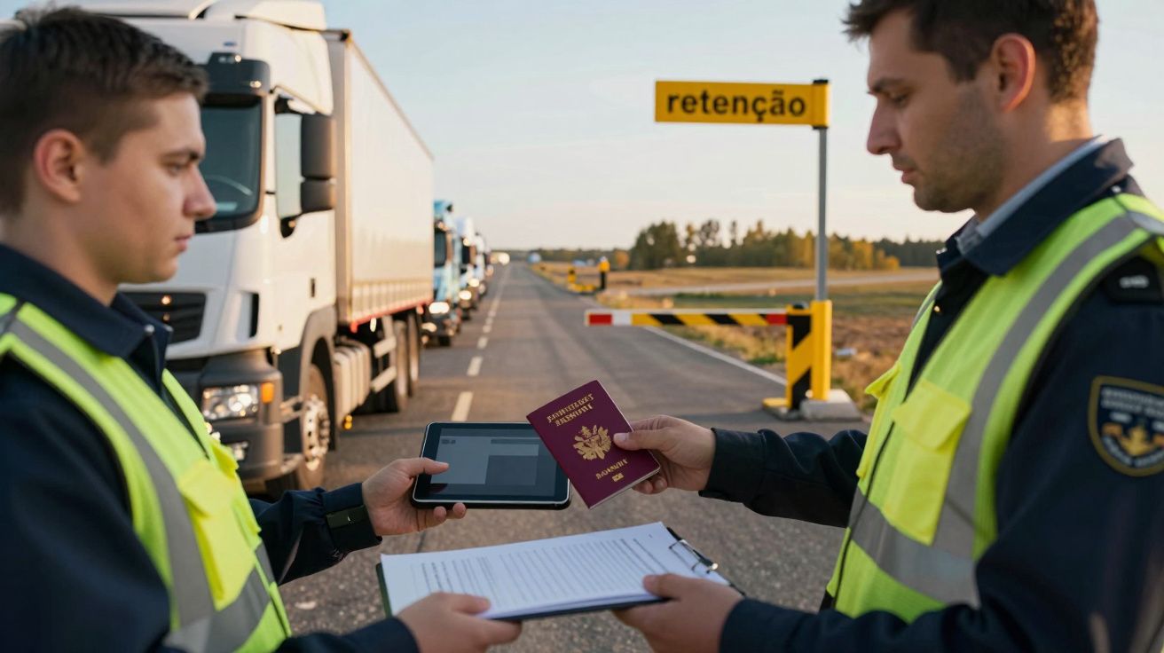 Dois guardas verificam passaporte na fronteira, com camiões alinhados e sinal de retenção ao fundo.