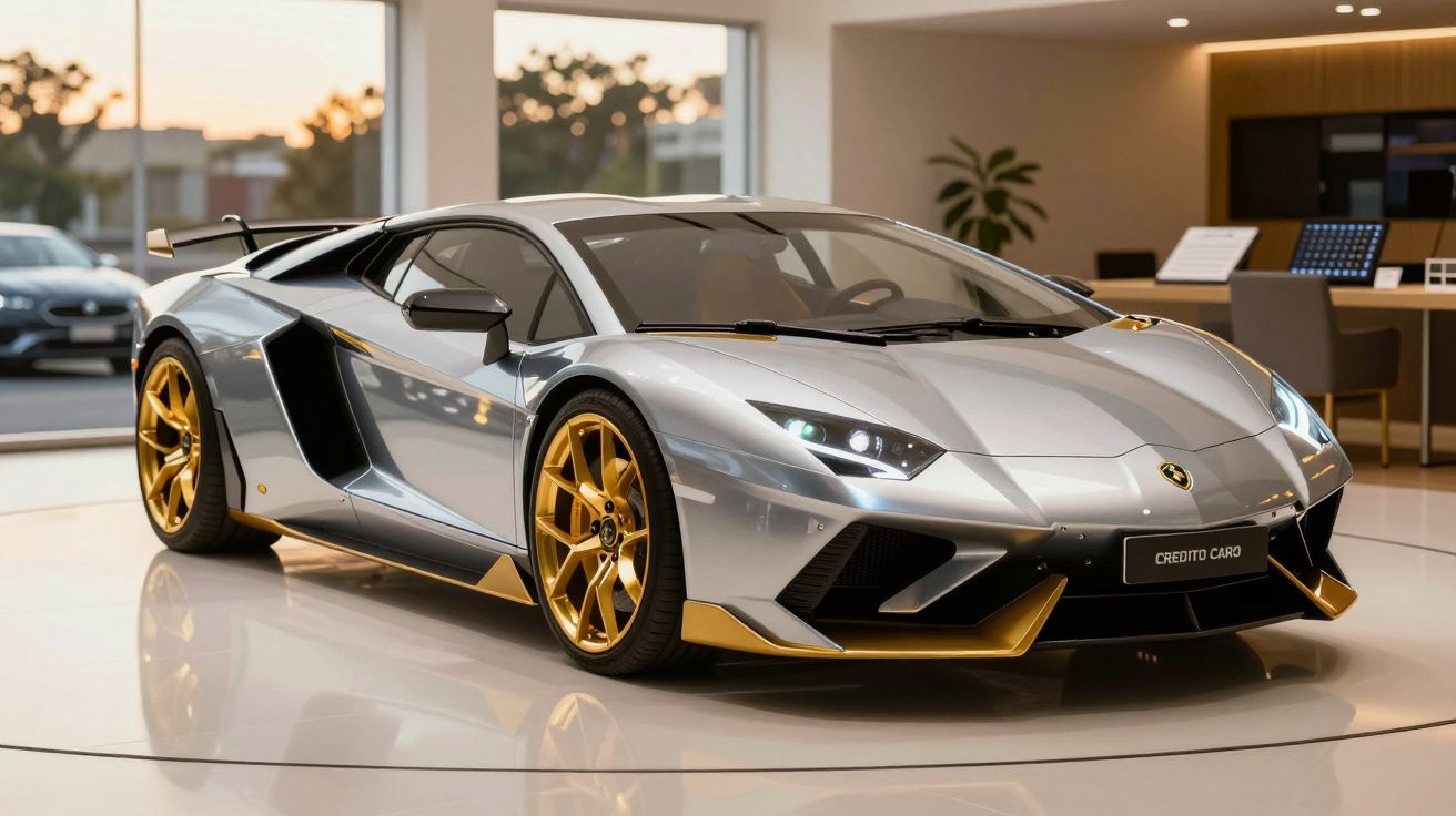 Carro desportivo prateado com rodas douradas, exposto num showroom com janelas grandes e luz natural.