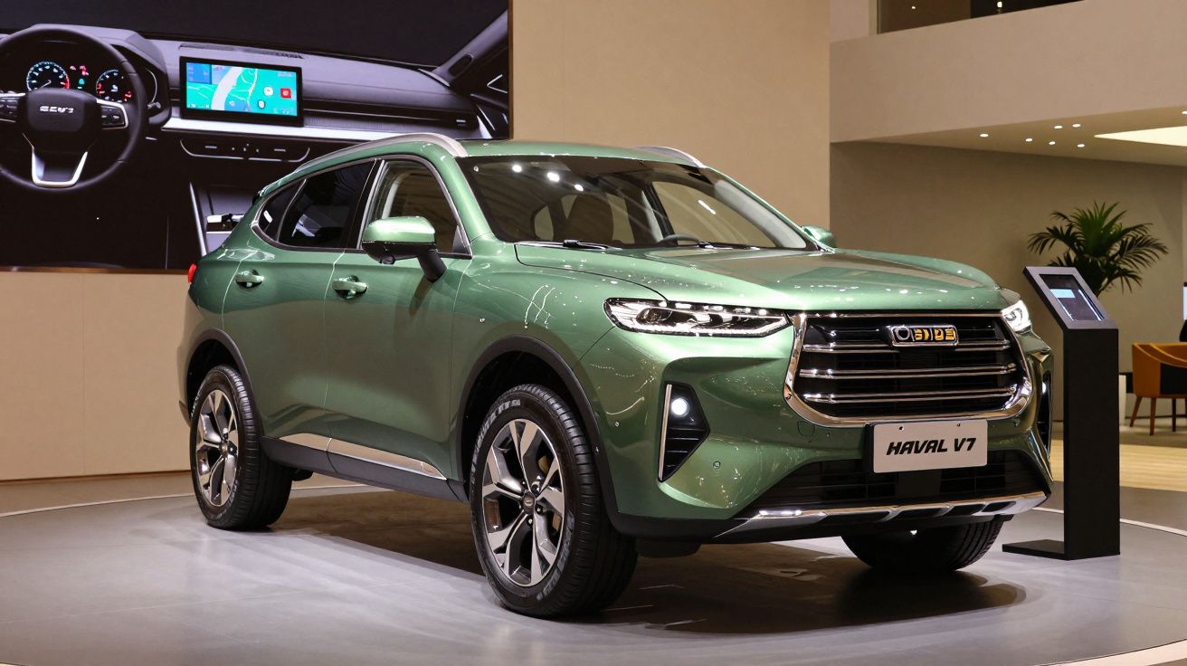 SUV Haval V7 verde em exposição numa sala com iluminação suave e cartaz a mostrar o interior do carro ao fundo.