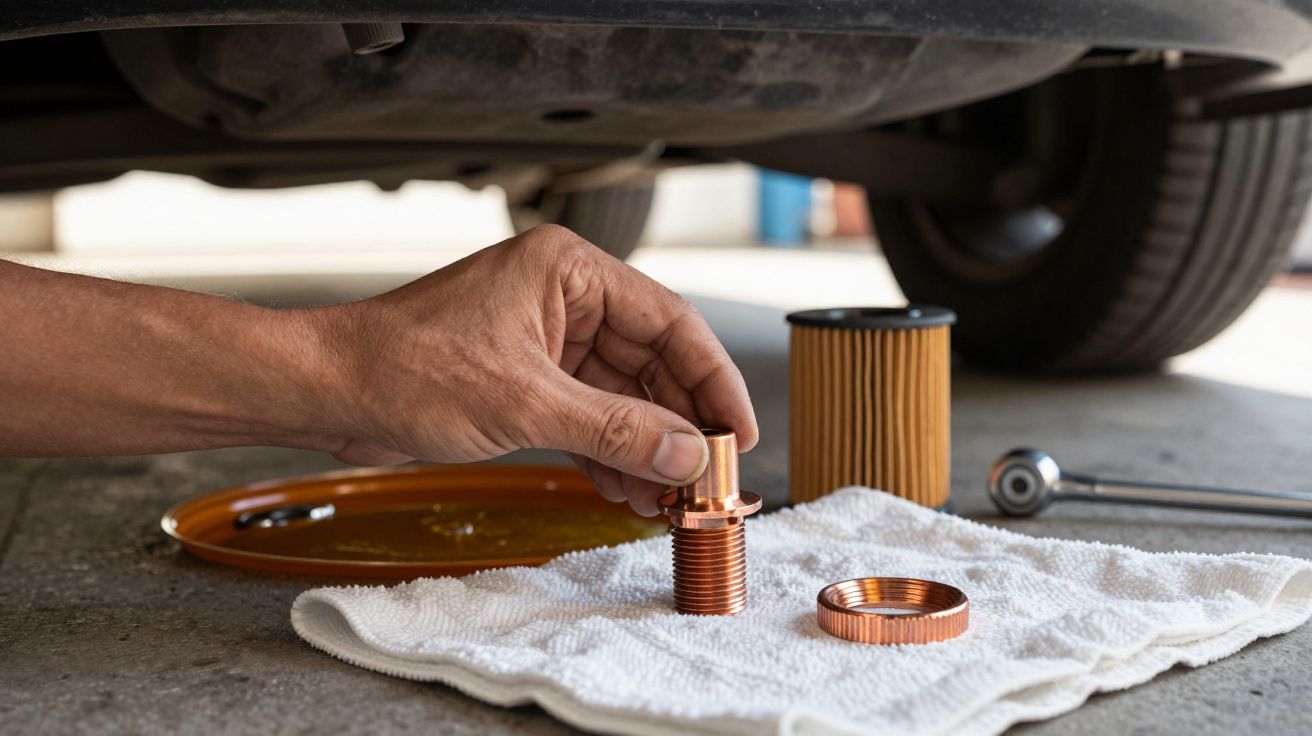 Mão ajusta parafuso de drenagem de óleo sob um carro, com filtro de óleo e ferramenta ao lado.