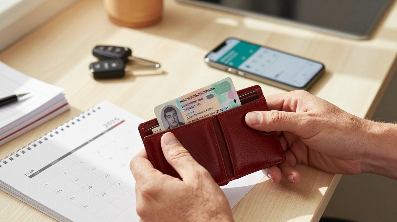 Pessoa segurando carteira marrom com bilhete de identidade. Chaves, telemóvel e agenda ao fundo numa mesa de madeira.