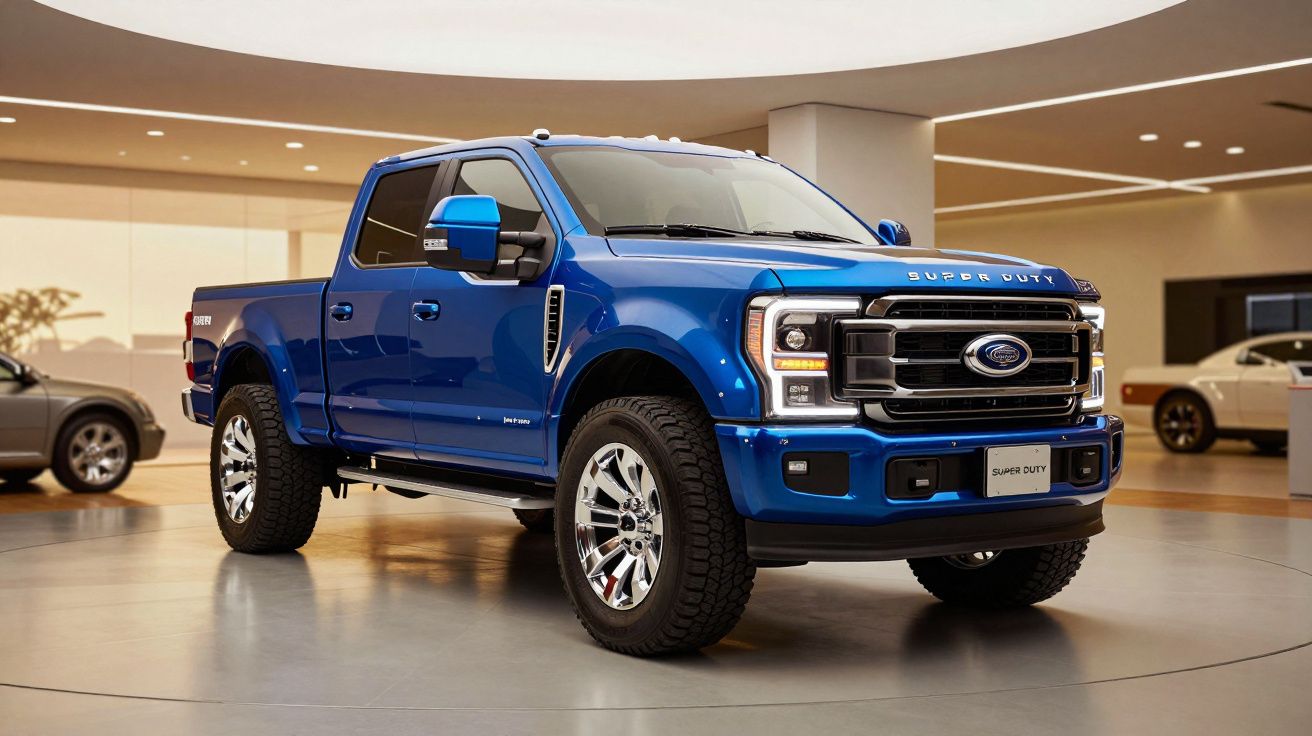Camião azul Ford exibido num salão de automóveis iluminado, com design robusto e moderno.