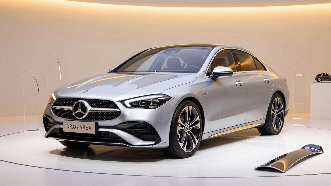 Carro prateado Mercedes exposto em salão automóvel iluminado, visto de frente e lado.