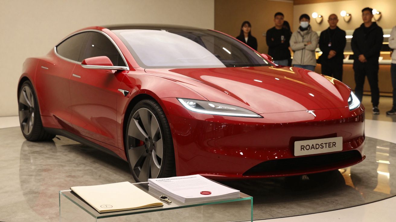 Carro desportivo vermelho em exposição, modelo Roadster, com pessoas ao fundo a observar.