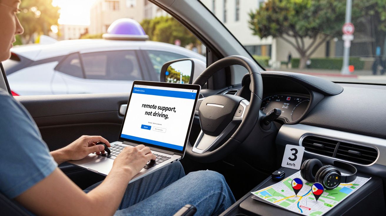 Pessoa num carro autónomo, a usar portátil com mensagem de suporte remoto. Mapa e fones no tablier.