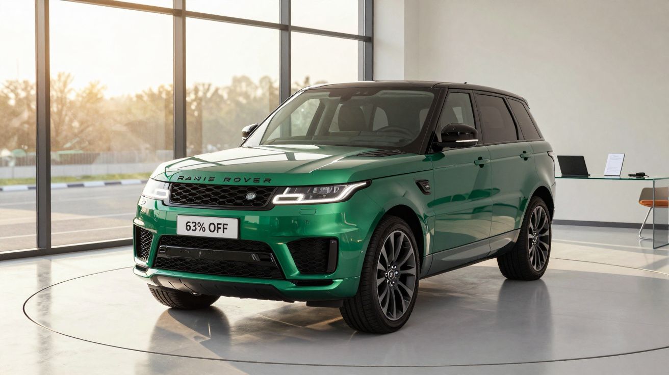 SUV verde Range Rover estacionado numa sala iluminada com janelas grandes.