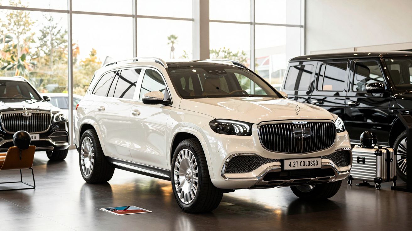 SUV branco de luxo num showroom, ladeado por outros veículos. Luz natural entra pelas grandes janelas ao fundo.