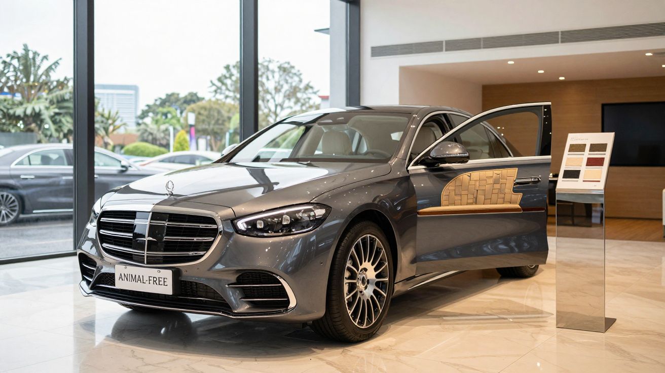 Carro cinzento em exposição num showroom, com porta aberta e painel informativo ao lado.