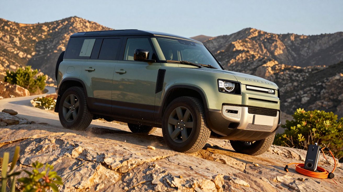 SUV verde em terreno rochoso com montanhas ao fundo, equipamento de carga laranja no chão ao lado.