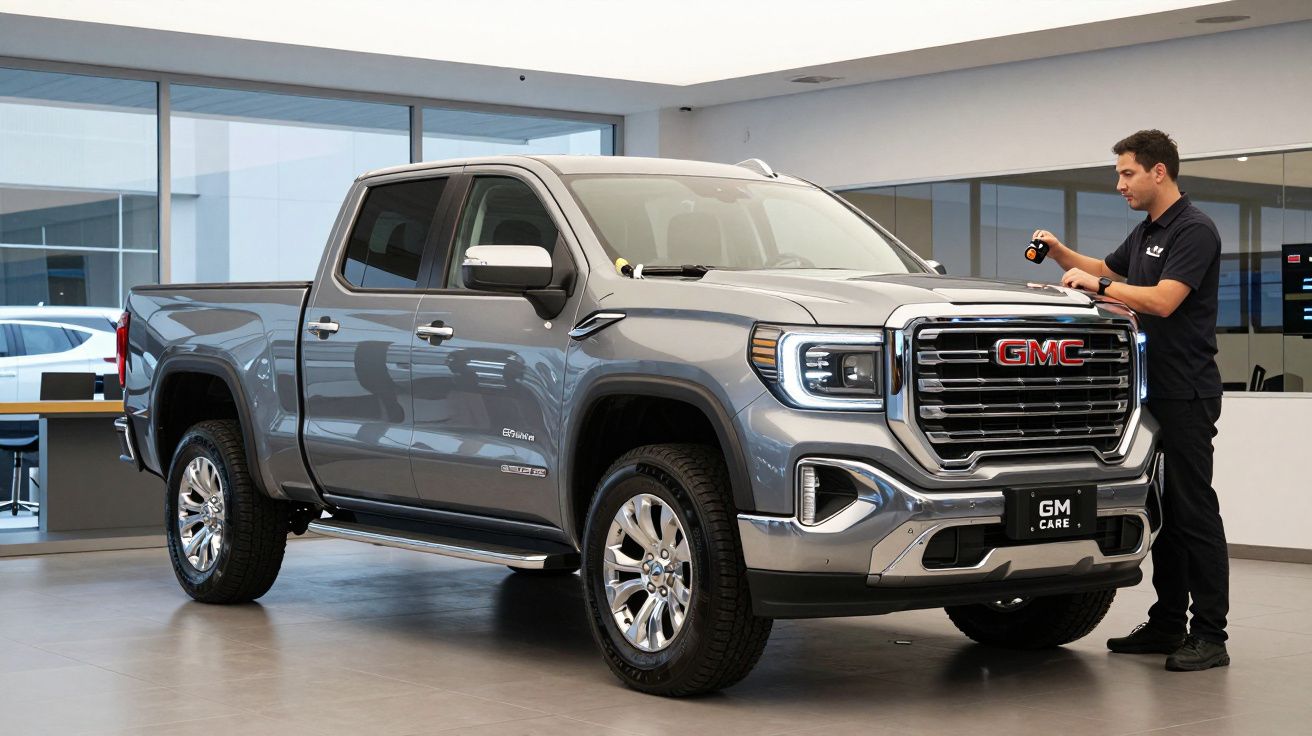 Homem inspeciona uma carrinha GMC Cinza estacionada num showroom moderno e iluminado.