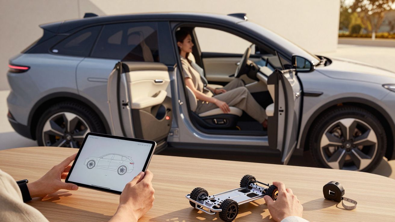 Pessoa usando tablet para projetar carro elétrico; mulher sentada no veículo ao fundo.
