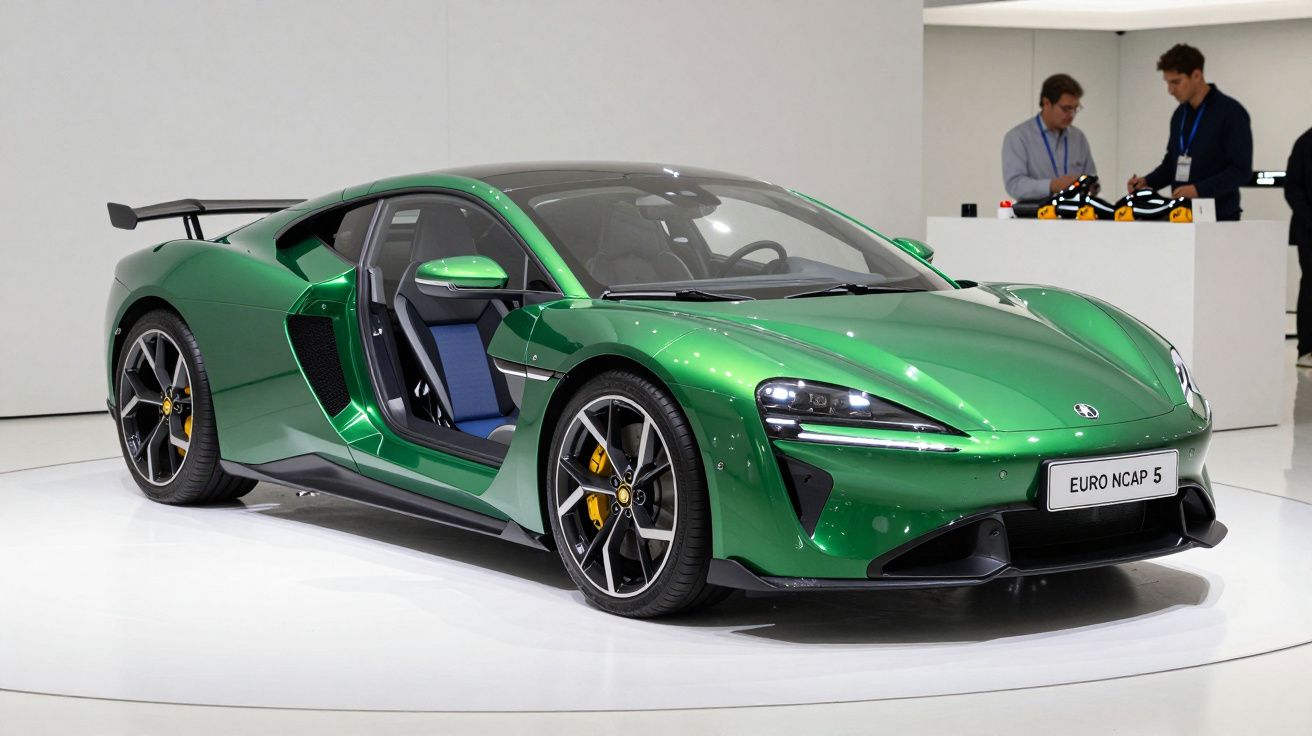 Carro desportivo verde exposto num salão automóvel, com portas abertas e detalhes em preto e amarelo.