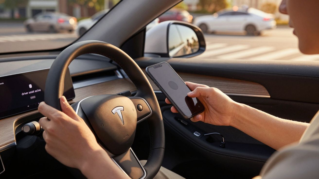 Pessoa a conduzir um carro Tesla enquanto usa um telemóvel na mão direita.