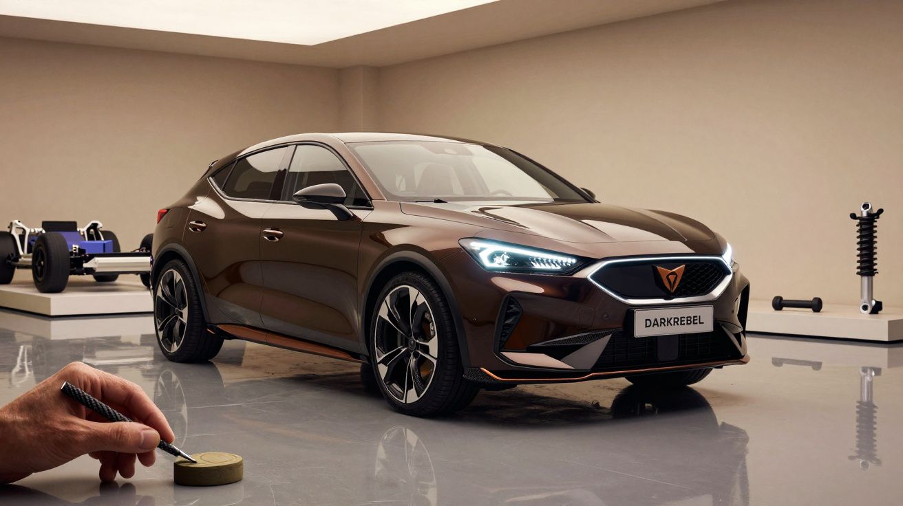 Carro desportivo castanho num showroom com peças automotivas ao fundo. Mão ajusta detalhe no primeiro plano.