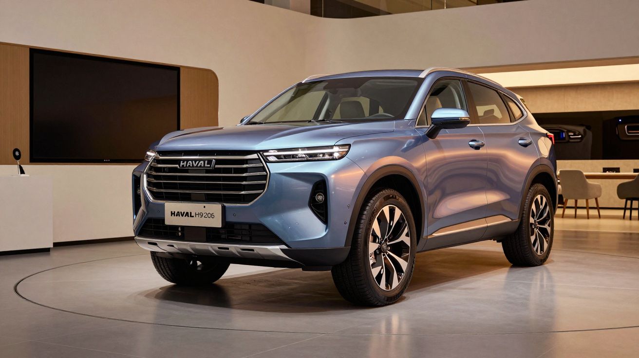 SUV azul Haval H6 2026 estacionado em showroom moderno, com design elegante e detalhes cromados.