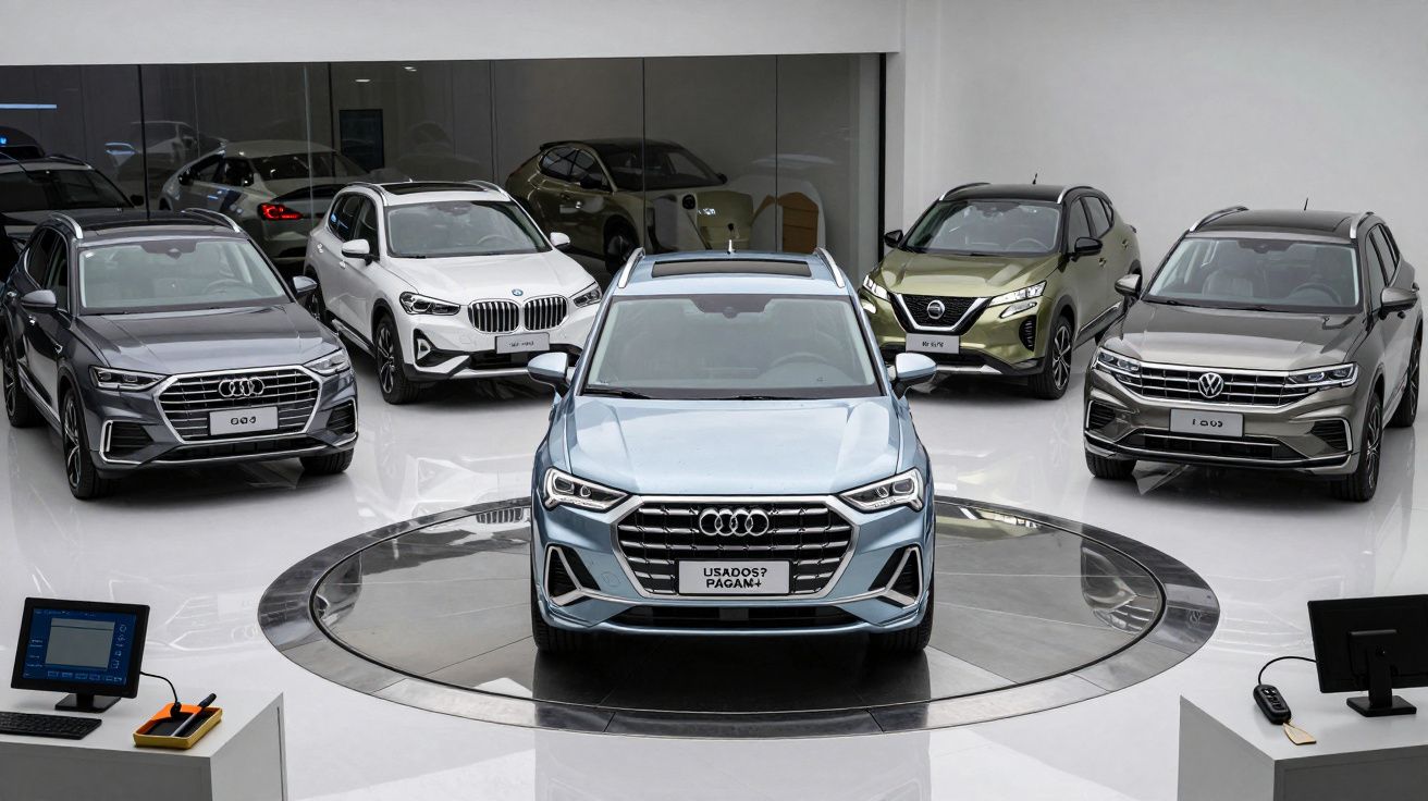 Concessionário de automóveis com cinco SUV de várias marcas expostos em círculo numa sala iluminada.