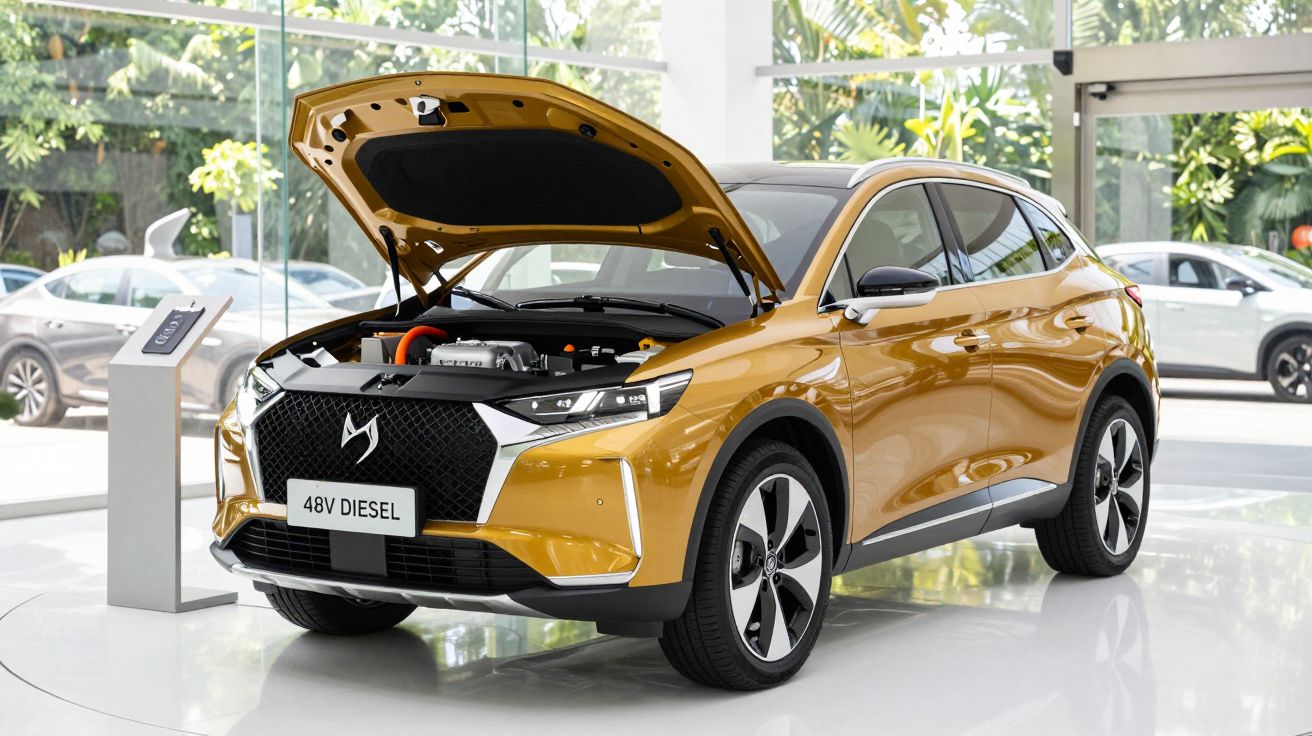 Carro dourado em exposição com capô aberto, mostrando o motor, num showroom com janelas grandes e outros veículos.