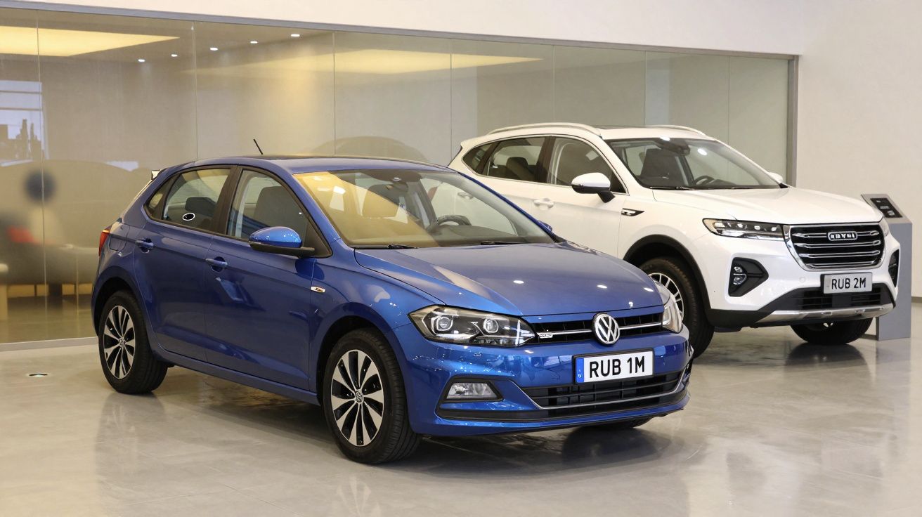 Dois carros num showroom, um Volkswagen azul e outro automóvel branco, ambos com matrículas RUB 1M e RUB 2M.
