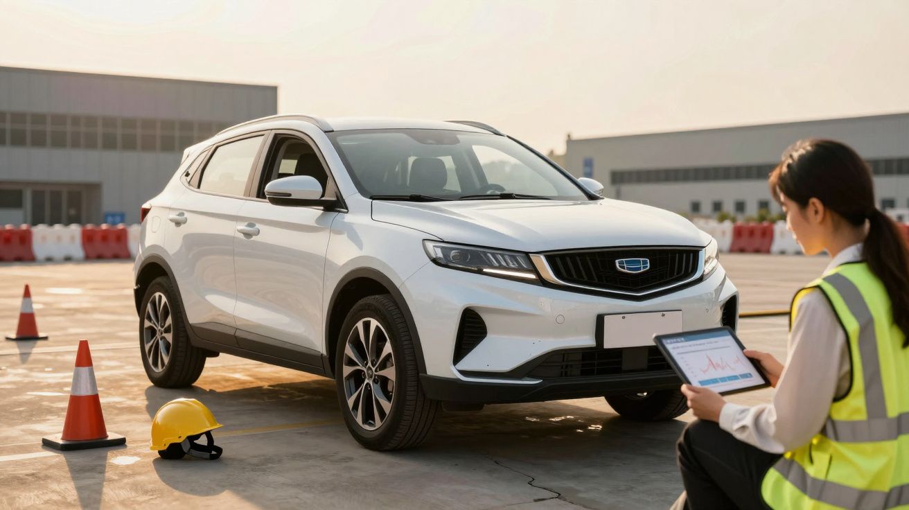 Mulher de colete refletor observa um SUV branco estacionado ao lado de cones e capacete, segurando um tablet.