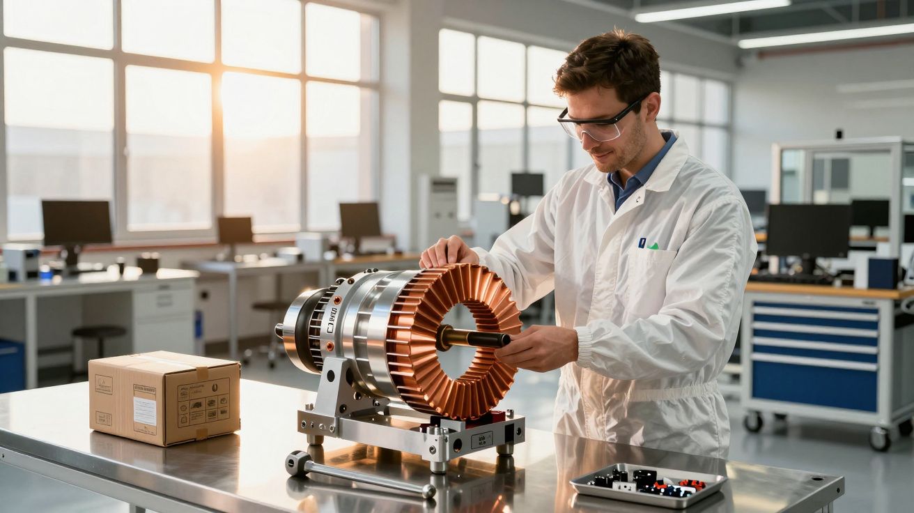 Homem de bata branca examina motor elétrico numa mesa de laboratório iluminado pelo sol.