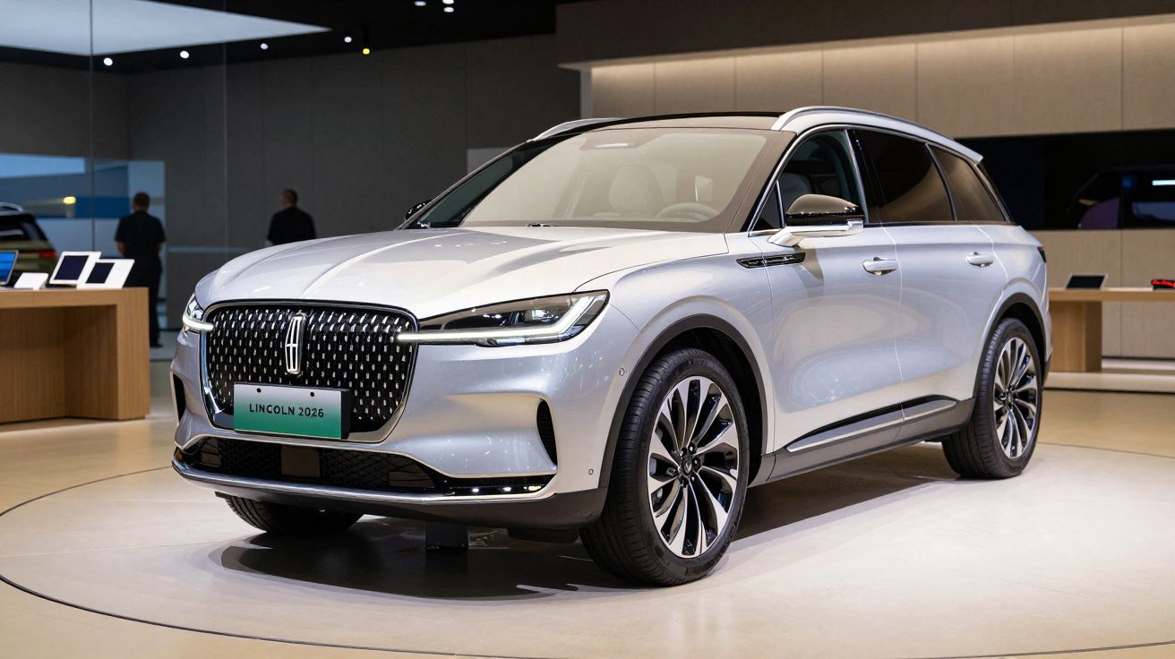 SUV prateado Lincoln 2026 em exposição em salão automóvel iluminado.