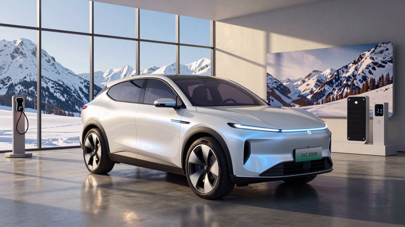 Carro elétrico prata num showroom com vista para montanhas nevadas através de amplas janelas de vidro.