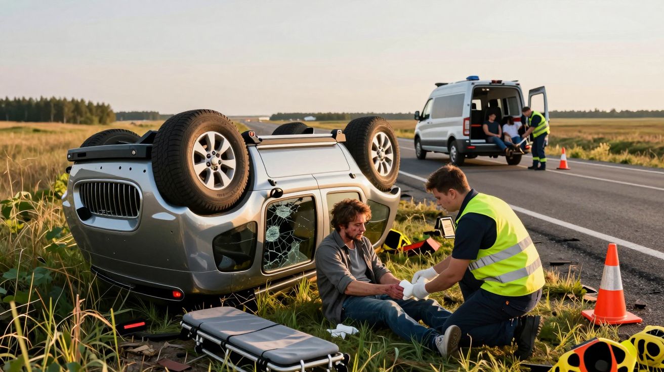 Acidente de carro capotado na berma da estrada, um homem ferido é assistido por um paramédico, ambulância ao fundo.