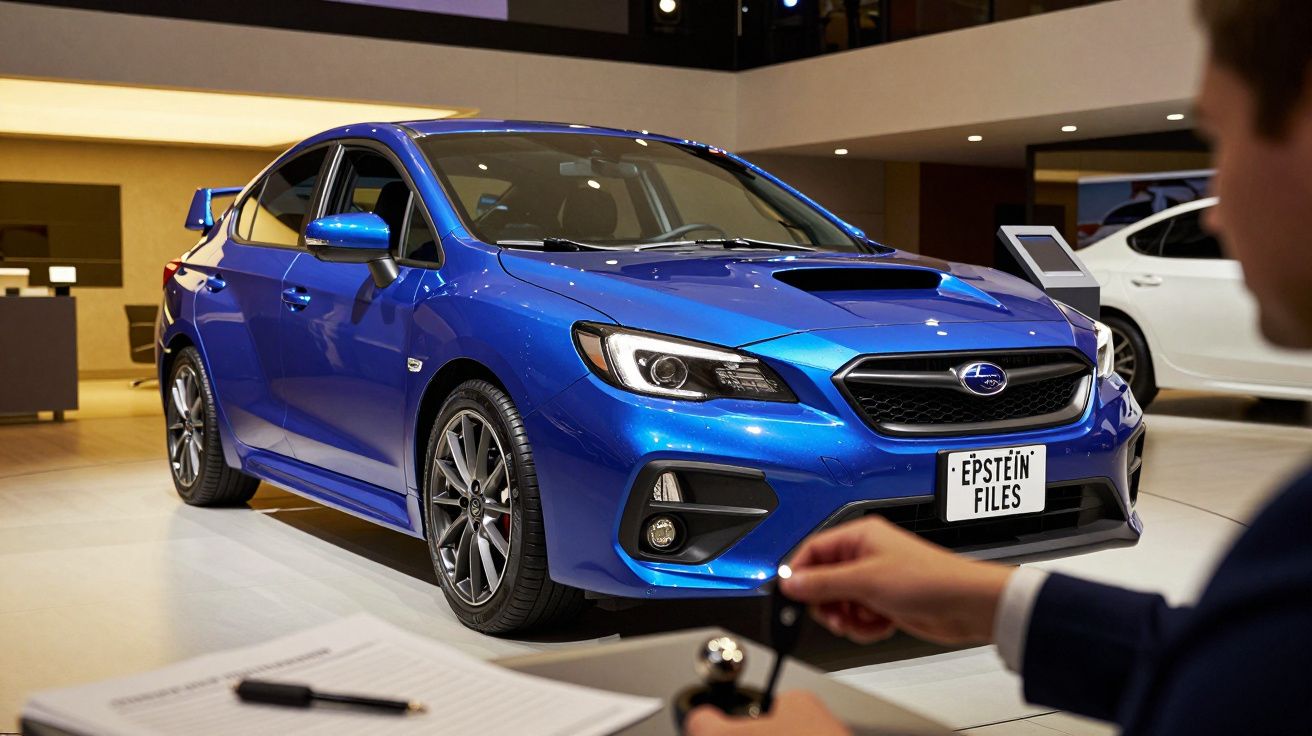 Carro azul em exposição em salão automóvel, placa da frente escrita "Epstein Files" e pessoa à frente com papéis.