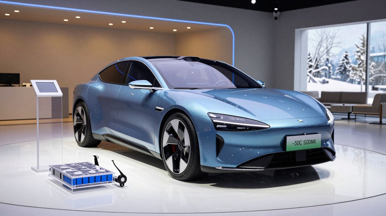 Carro elétrico moderno azul em exposição num showroom com janela ao fundo e equipamento técnico ao lado.