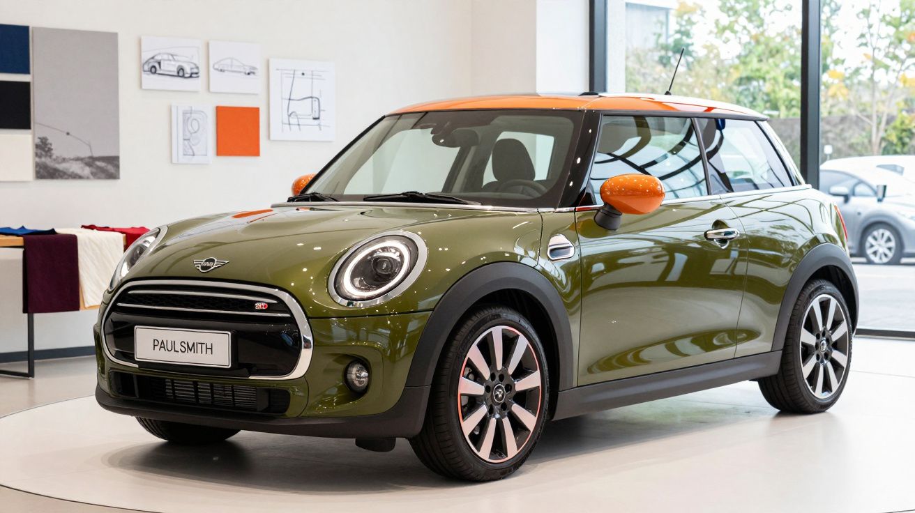 Mini Cooper verde e laranja em exposição numa sala com janelas amplas.