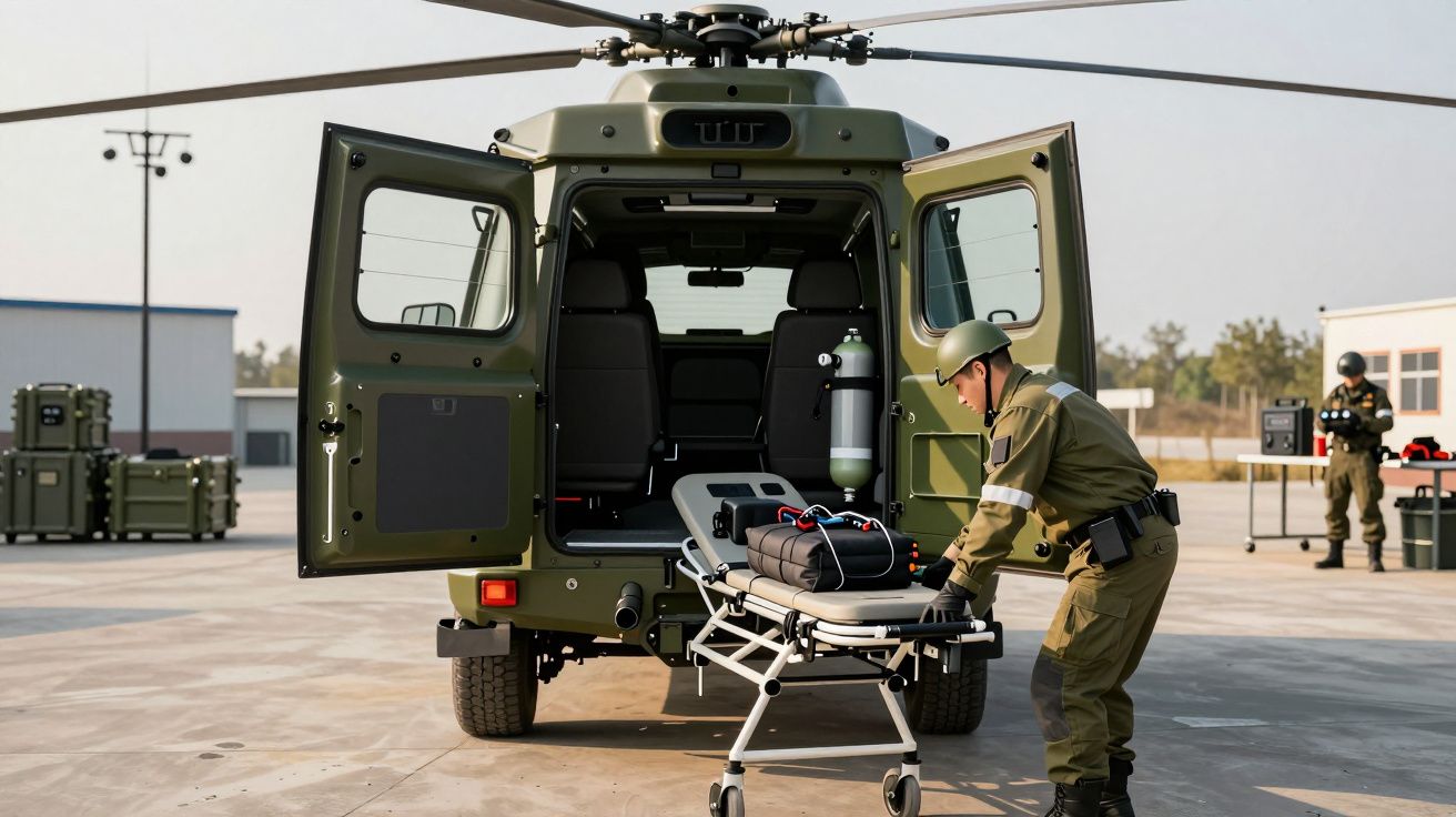 Soldado prepara maca ao lado de helicóptero militar com portas traseiras abertas em base aérea.