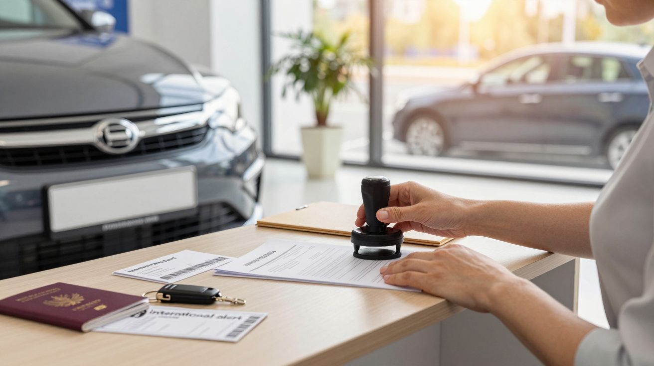 Pessoa carimba documentos numa mesa, com um carro ao fundo e passaporte ao lado.