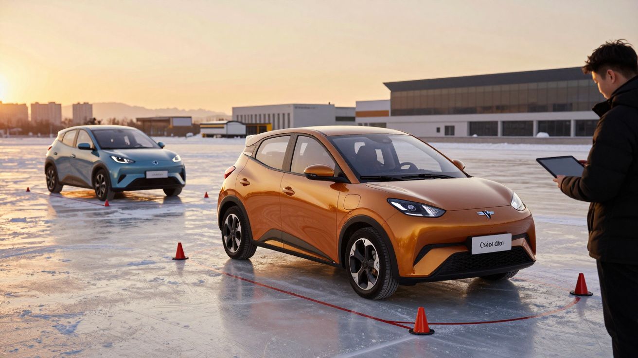Carros elétricos em teste numa pista de gelo, com cones laranja e uma pessoa a observar com um tablet ao pôr do sol.