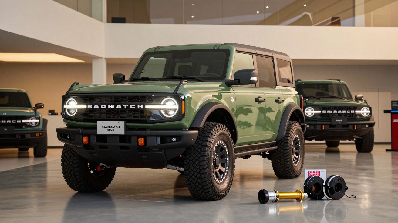 Três SUVs verdes num showroom, em destaque um SUV Badwatch à frente; equipamentos no chão.